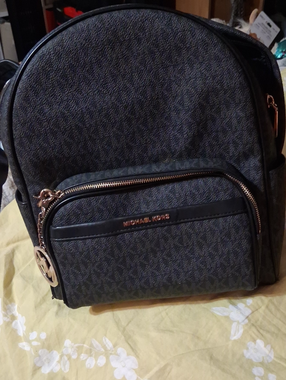 Michael Kors Men's Black Monogram Backpack with Rose Gold Hardware